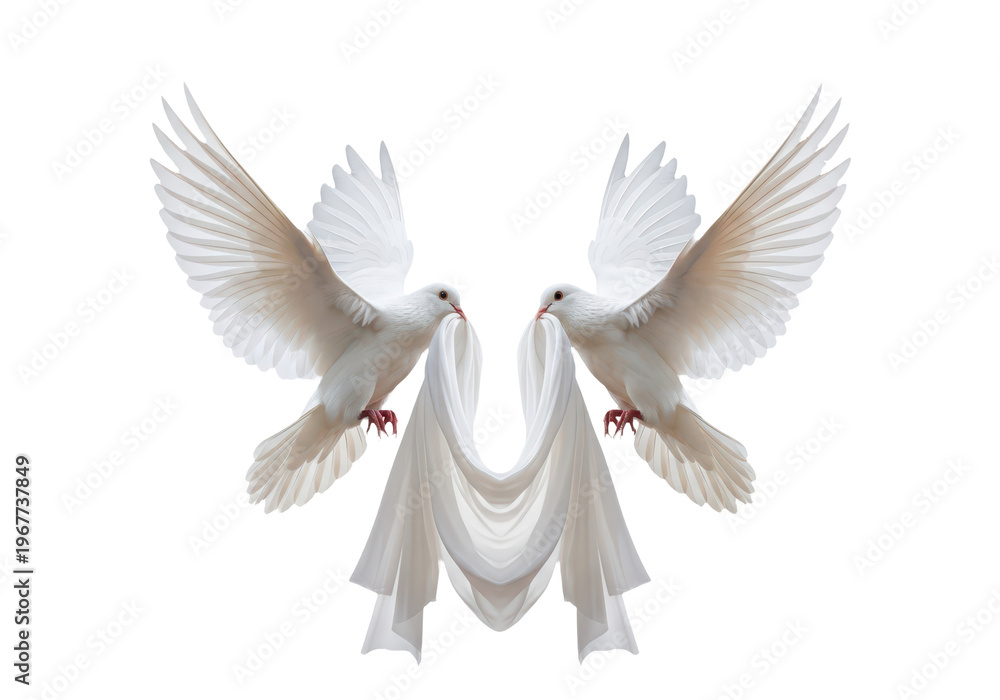 Fototapeta premium Two white doves holding a piece of white fabric isolated on transparent background