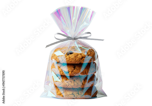 Stack of delicious oatmeal cookies in a transparent iridescent plastic bag isolated on transparent background
