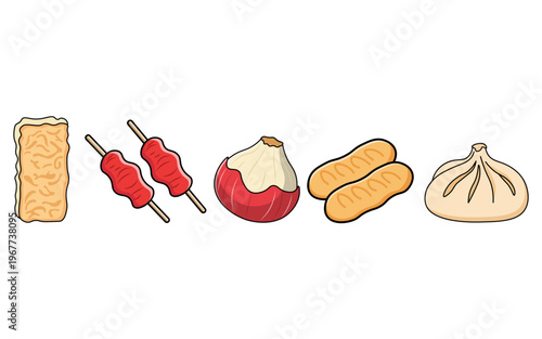 Indonesian Street Food and Ingredients Cartoon Icon Set