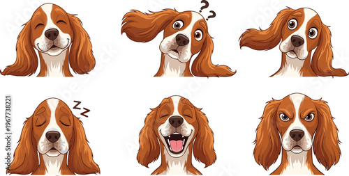 Dog Facial Expressions Set Featuring Happy, Sleepy, Confused, and Angry Emotions for Pet, Animal, and Dog Lover Designs