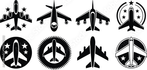 Airplane icons set, aviation logo design, flight emblem silhouette, aircraft symbol collection, travel badge graphic, aviation industry illustration, pilot insignia art