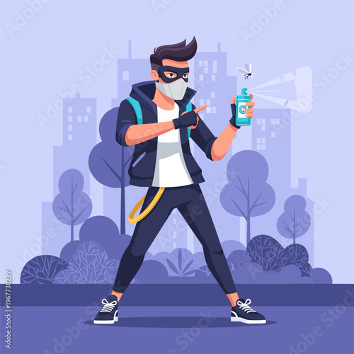 Man Using Insect Repellent Spray To Kill Mosquito In City Park Vector Illustration