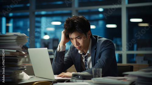 オフィスでノートパソコンに向かう残業中の日本人男性