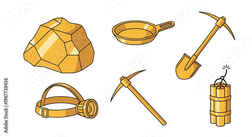 Golden mining tools and gold nugget.