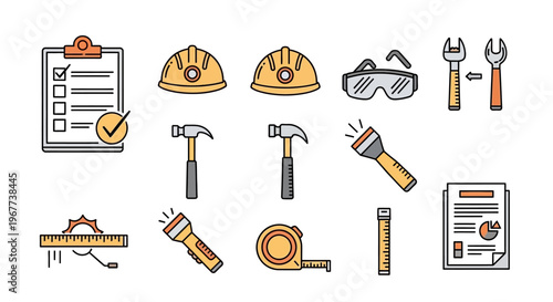 Construction tools and equipment icons.