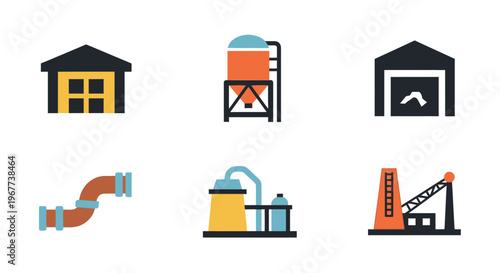Industrial factory icons and equipment.