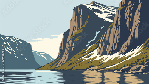 Dramatic fjord landscape with high cliffs, mountains, and calm lake water. Scenic wilderness illustration perfect for tourism, adventure branding, and backgrounds.