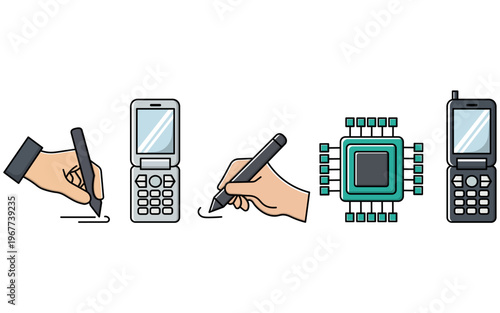 Technology Icons Set with Mobile Phones CPU and Hand with Stylus