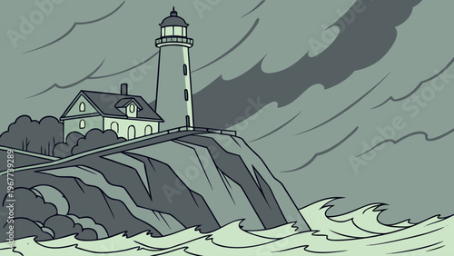 Vintage style lighthouse on rocky coast with waves and cloudy sky. Scenic seaside illustration for travel, maritime, and nautical design backgrounds.