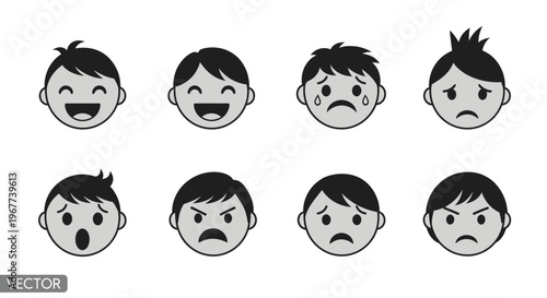 Set of cartoon boy face expressions.