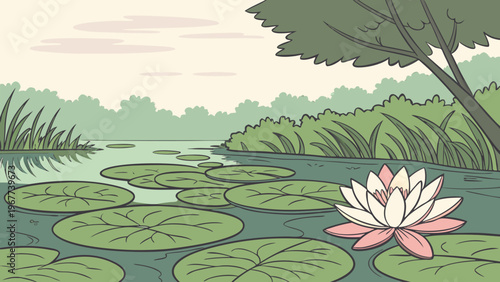 Peaceful lotus pond with lily pads, calm water, and green trees. Minimal nature landscape illustration perfect for wellness, spa, and eco background designs.