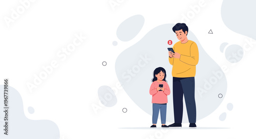 Father and Daughter Staring at Phones, Digital Connection Concept
