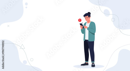Man with phone showing error alert, notification, problem, mistake, warning, digital communication