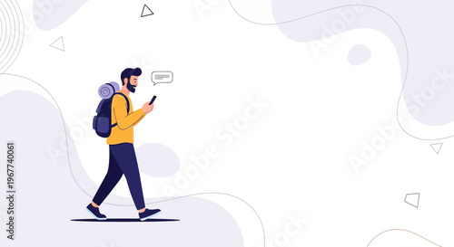 Man with backpack texting on phone while walking, minimalist travel concept