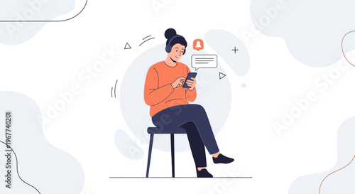 Woman with headphones using smartphone, notification icon, modern flat illustration