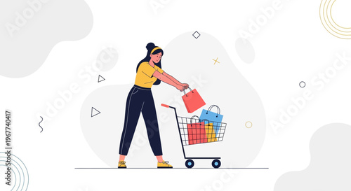 Woman with Shopping Cart Full of Bags, Online Shopping, E-commerce Concept