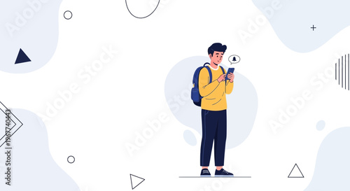 Young man with backpack checking smartphone, notification bell icon, abstract background