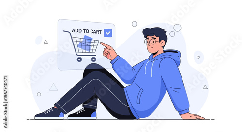Young man adding items to online shopping cart, e-commerce concept