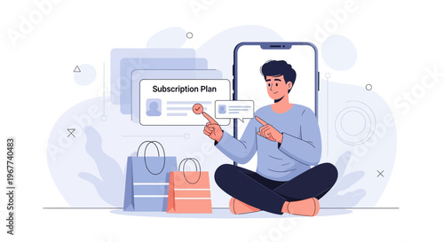Man choosing subscription plan on smartphone, online shopping concept