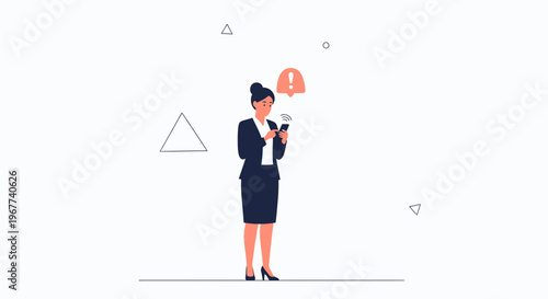Businesswoman receiving alert notification on smartphone, warning symbol above
