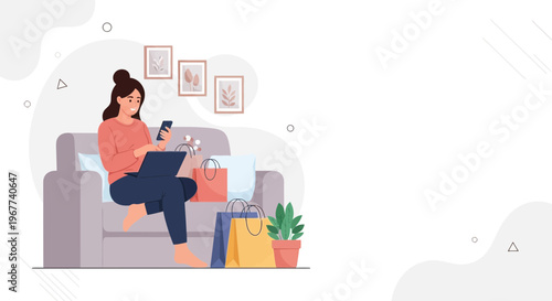 Woman shopping online on laptop and phone at home with shopping bags