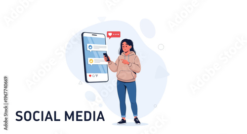 Young Woman Using Smartphone for Social Media, Likes and Notifications