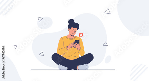 Young person sitting cross-legged on floor using smartphone with notification icon