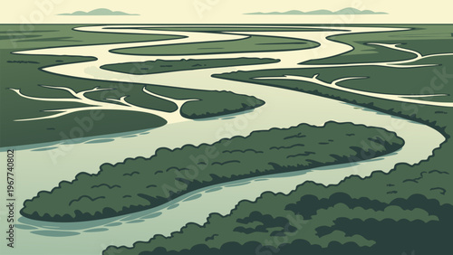 Aerial view of winding river channels across green wetlands. Minimal nature landscape illustration ideal for geography themes, environmental design, and modern backgrounds.