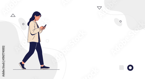 Woman walking and looking at smartphone, minimalist abstract background