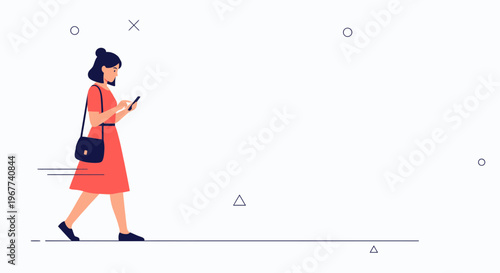 Woman in Red Dress Walking with Smartphone and Bag