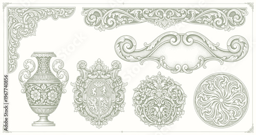 Set of decorative elements and ornate vintage frames featuring floral vector ornaments and calligraphic scroll patterns for an elegant Victorian style design illustration