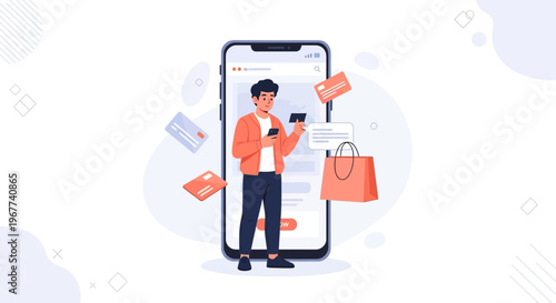 Man using smartphone for online shopping with credit cards and shopping bag illustration