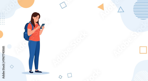 Young Woman with Backpack Using Smartphone, Abstract Geometric Shapes Background