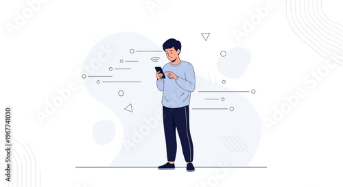 Man using smartphone with wifi signal, modern flat illustration, digital connection concept