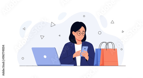 Woman shopping online on phone with laptop and shopping bags