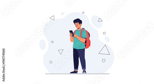 Young Man with Backpack Using Smartphone, Modern Flat Illustration