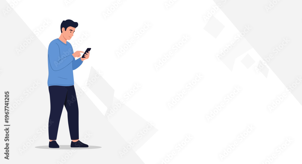 Obraz premium Man in blue sweater using smartphone, minimalist background with geometric shapes