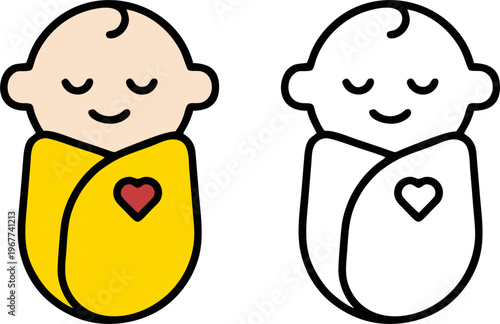 Swaddled Newborn Baby with Heart Icon Vector Set