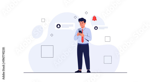 Man using smartphone, receiving notifications and alerts, modern flat illustration