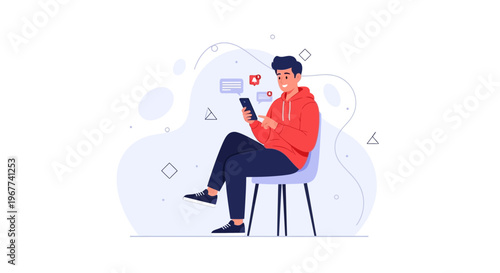 Young man in red hoodie using smartphone, social media notifications, flat design illustration
