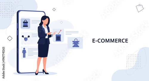 E-commerce business woman interacting with digital interface on smartphone screen