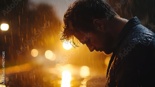 Man standing in rain head down a solitary figure endures a downpour head bowed embodying introspection amidst inclement weather