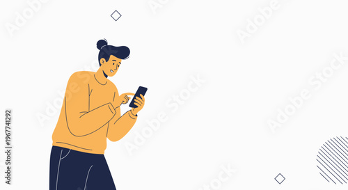 Young man with bun hairstyle using smartphone, modern flat illustration, minimalist background