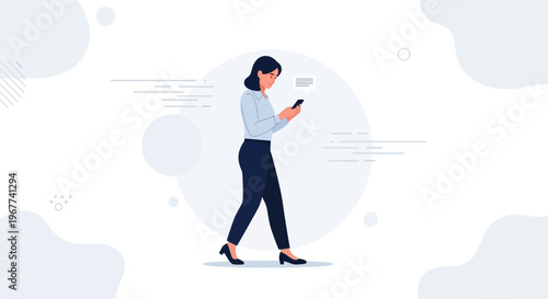 Woman walking while looking at smartphone, modern flat illustration