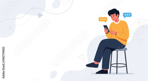 Man texting on smartphone, sitting on stool, chat bubbles, modern flat illustration