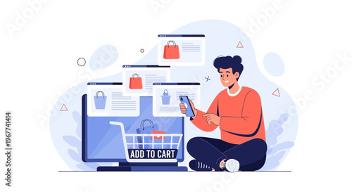 Man Shopping Online Using Smartphone and Computer, E-commerce Concept