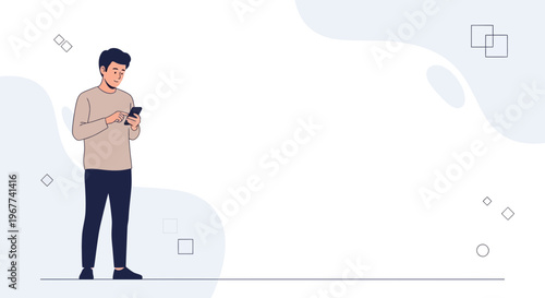 Young man using smartphone, minimalist abstract background, modern technology concept