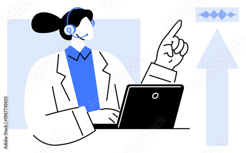 Customer support concept. Customer support with a professional agent using a headset, engaging with technology, and pointing to a voice signal. Ideal for telecom, communication apps, online services