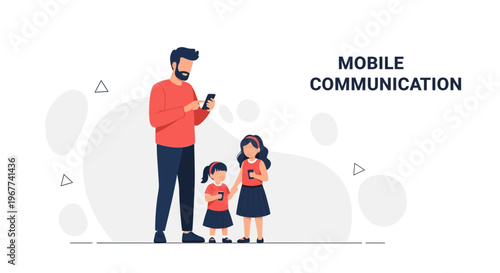 Father and daughters using smartphones, mobile communication concept, flat illustration