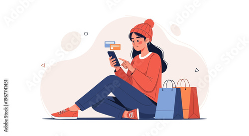 Woman Shopping Online on Phone with Shopping Bags
